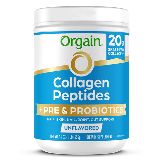 Orgain Collagen + Probiotics tub front showcases radiant skin and gut support.