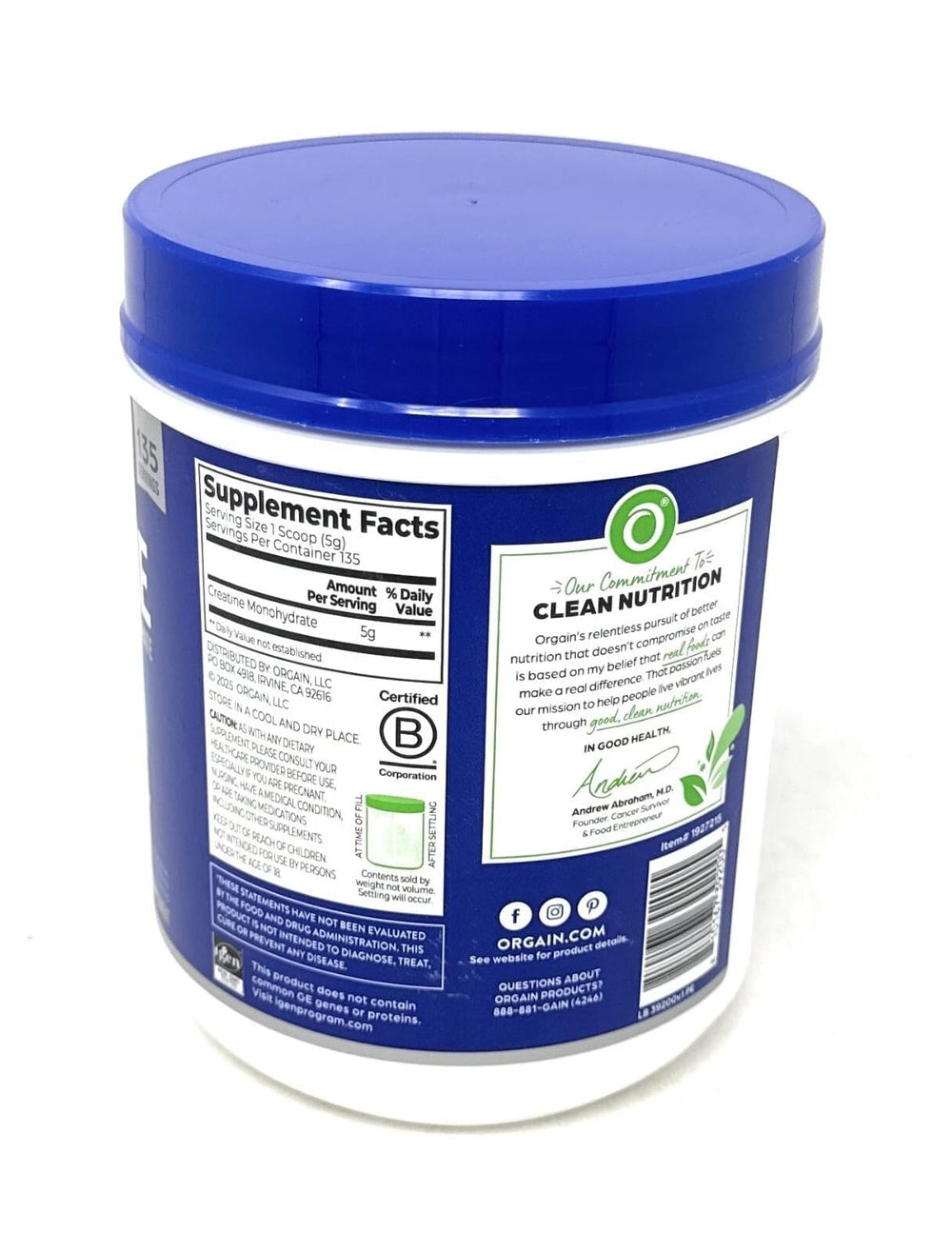 Orgain micronized powder serving size label for daily use