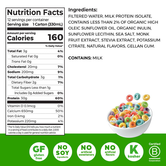 Orgain Fruity Cereal shake nutrition panel highlighting 1g sugar and 30g protein