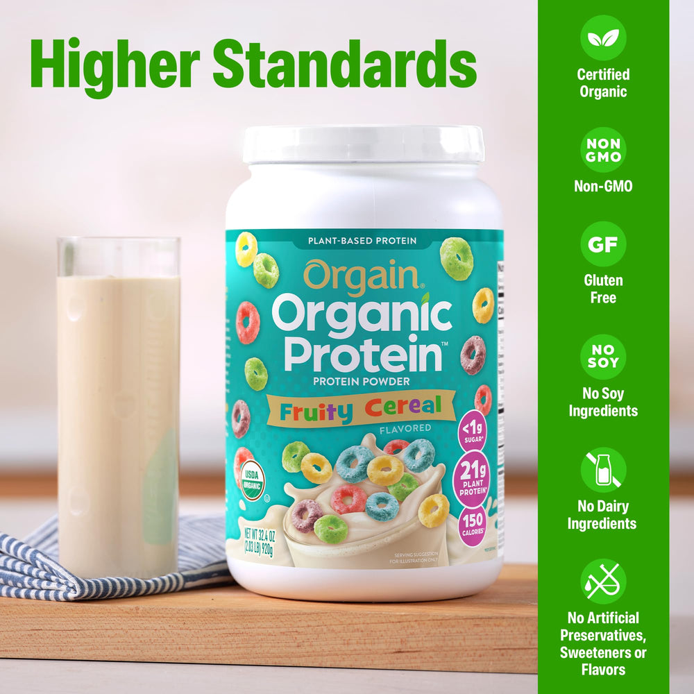 Orgain Fruity Cereal ingredients label highlighting clean plant-based protein.