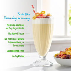 Orgain Fruity Cereal milk pour with dairy-free mixing options.