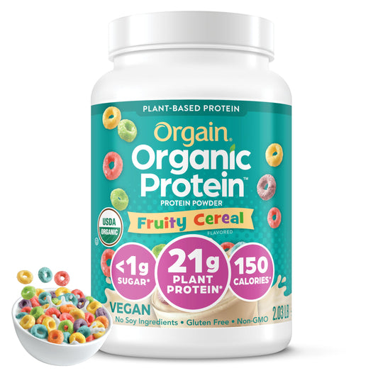 Orgain Fruity Cereal protein powder tub for smoothies and baking boosts.