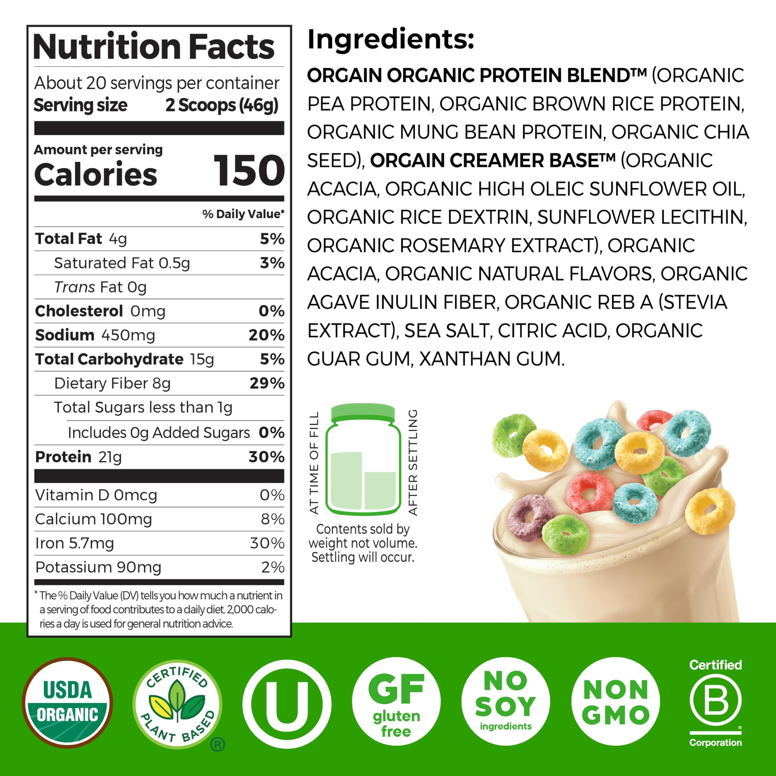 Orgain Fruity Cereal scoop for easy measuring and quick shakes.