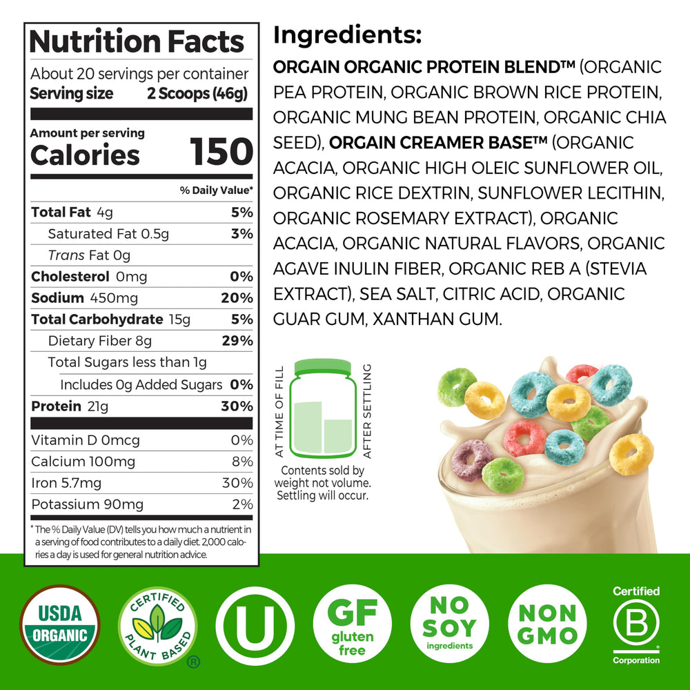 Orgain Fruity Cereal scoop for easy measuring and quick shakes.