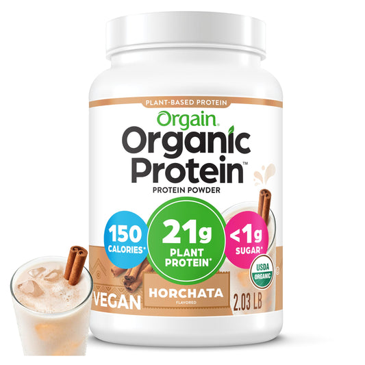 Orgain Horchata protein powder tub front view highlighting plant-based protein