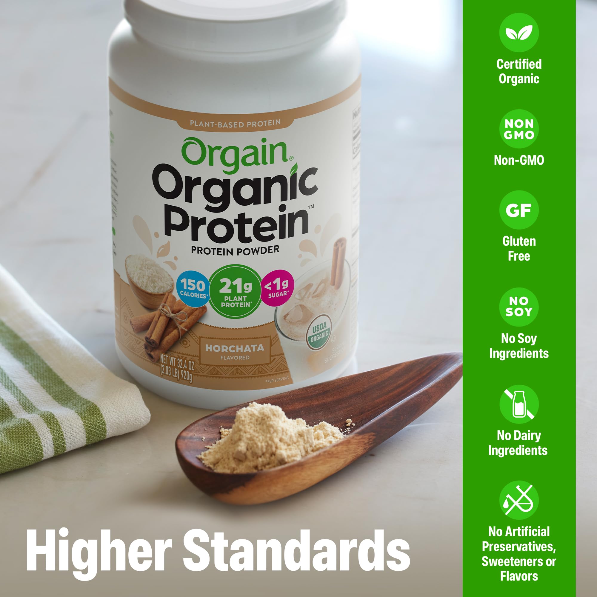 Orgain Horchata scoop beside tub for easy measuring