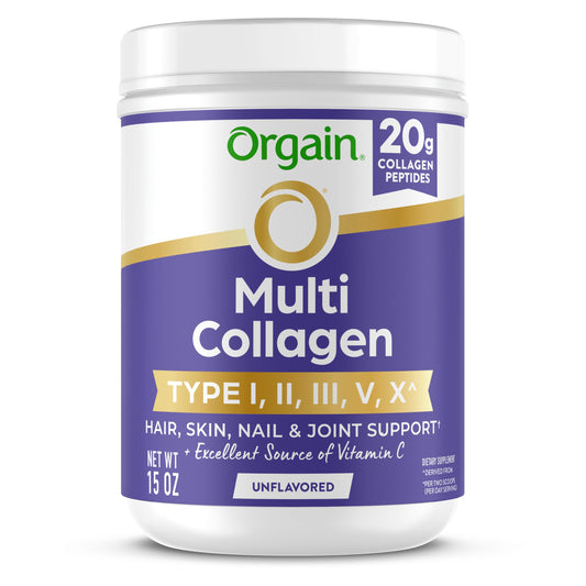 Orgain Multi Collagen bottle label shows five collagen types for skin and joints.
