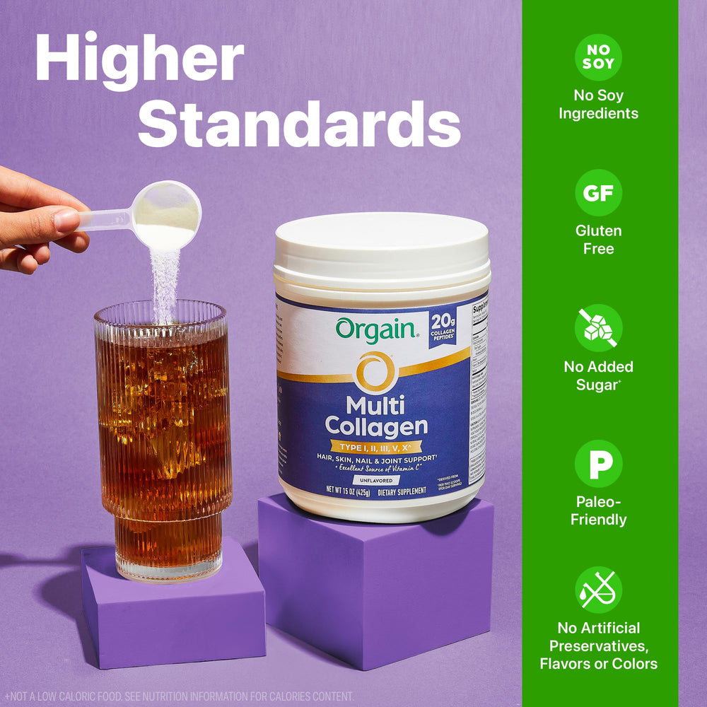 Orgain ingredient list highlights gluten-free, non-GMO, no sugar features.