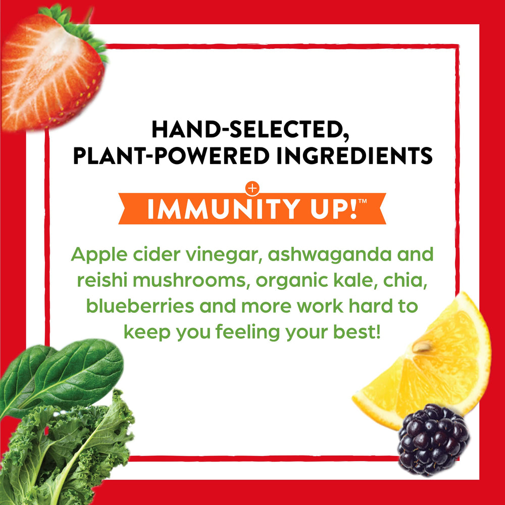 Fresh kale and blueberries represent the 50 organic superfoods in the blend.