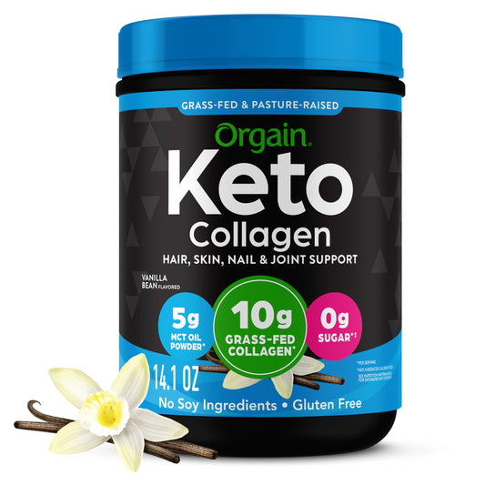 Orgain Keto Collagen Powder Vanilla bottle front showing keto-friendly formula.