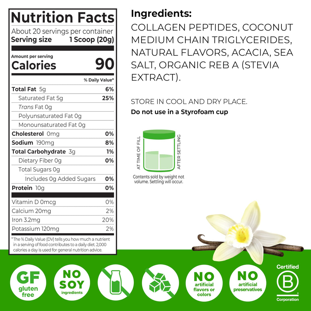 Orgain Keto Collagen Powder Vanilla scoop beside powder for easy smoothies.
