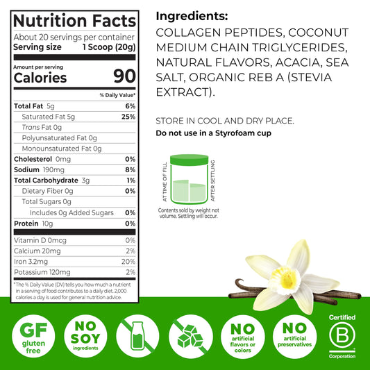 Orgain Keto Collagen Powder Vanilla scoop beside powder for easy smoothies.