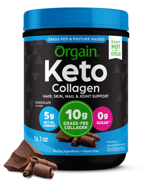 Orgain Keto Collagen Chocolate powder tub front for a keto protein source