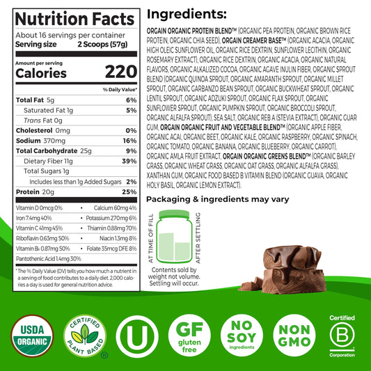 Close-up of Orgain meal powder in a shake-ready container showing chocolate fudge flavor.