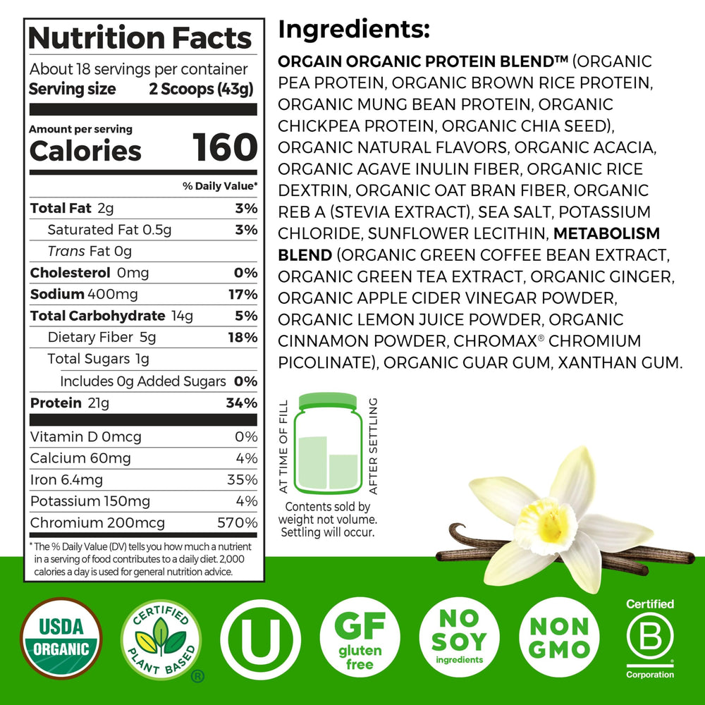 Orgain metabolism blend scoop showing precise portion for easy, consistent mixing.