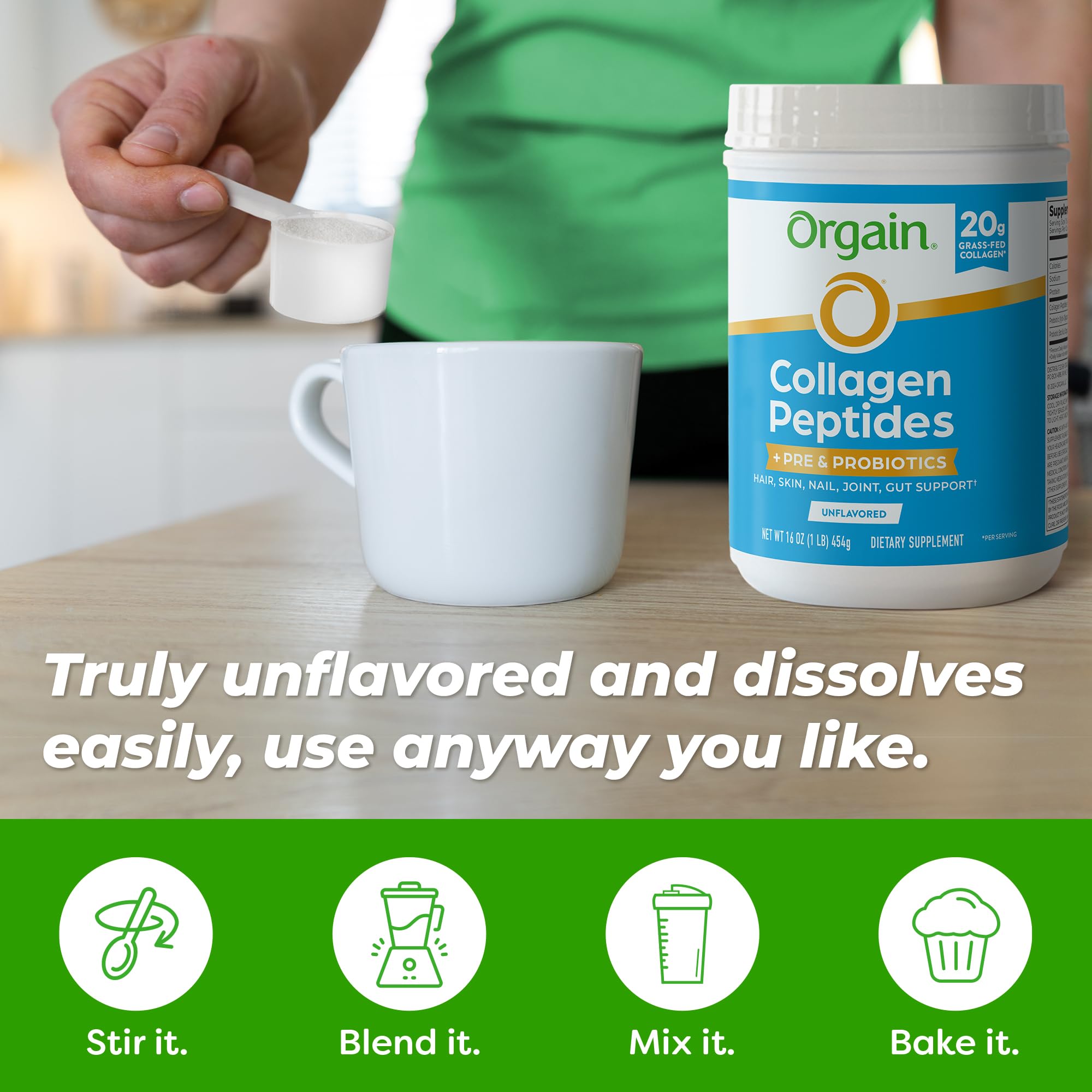 Non-dairy, gluten-free collagen blend with prebiotics for gut-friendly nutrition.