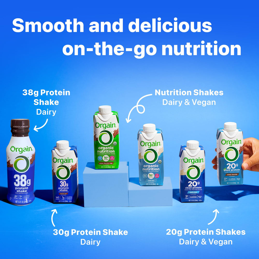 Orgain shake in backpack shows convenient on-the-go nutrition