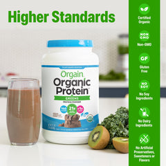Organic greens blend visible in powder with spinach, broccoli, and kale.