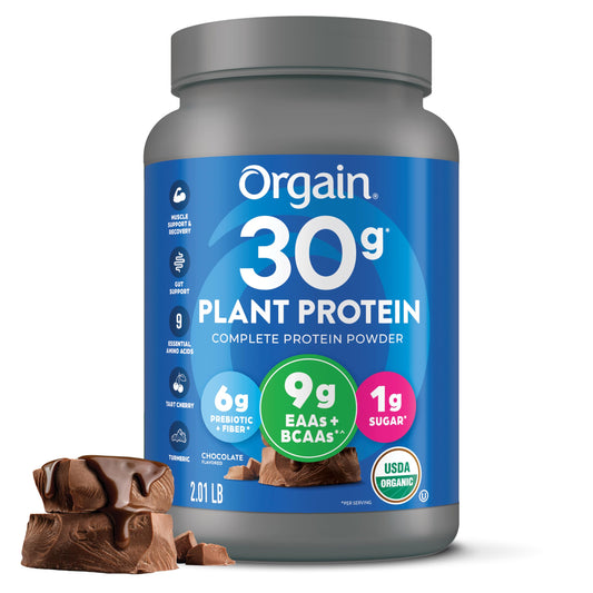 Orgain Organic Vegan Protein Chocolate jar showing creamy texture for shakes