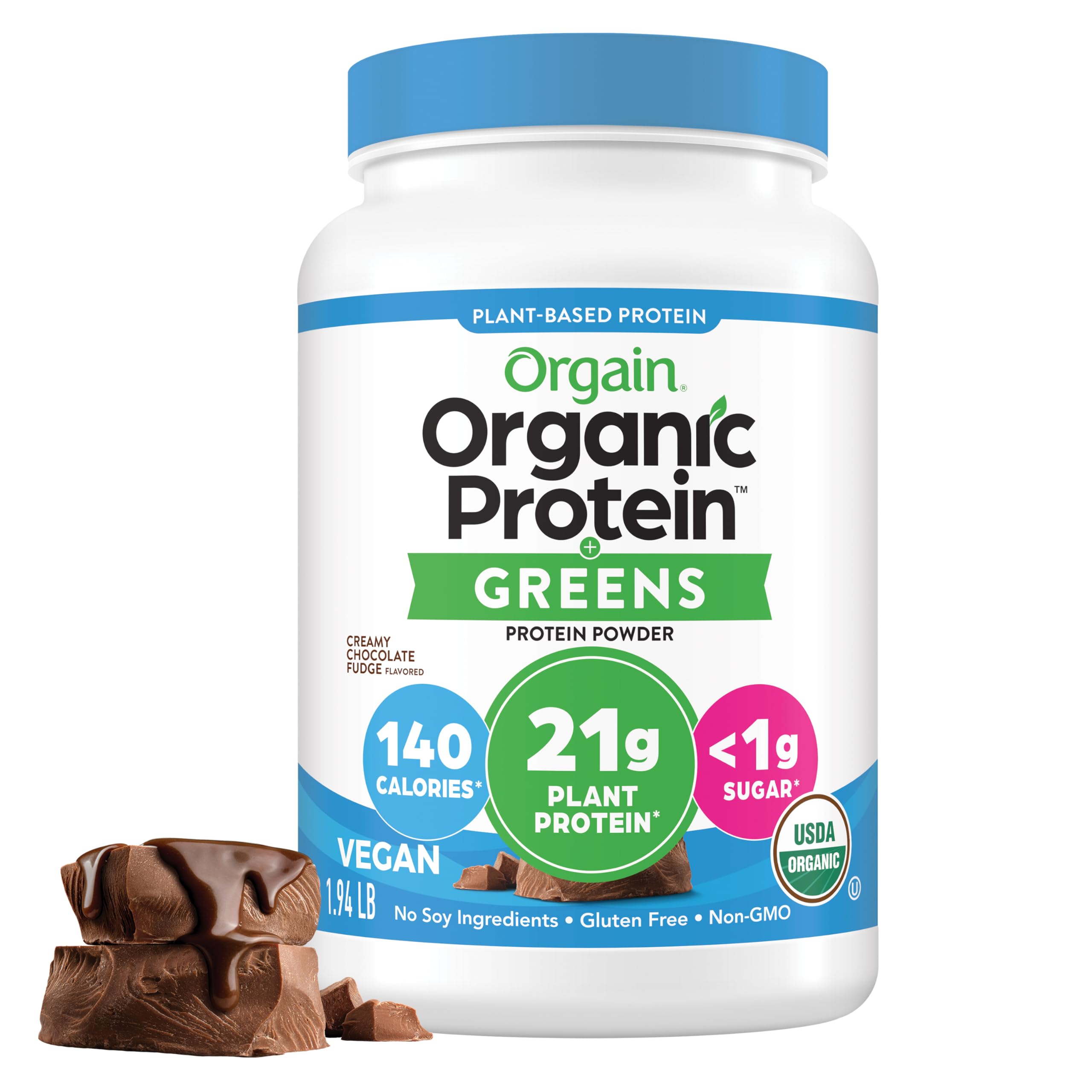 Orgain Organic Protein Powder in Creamy Chocolate Fudge label, ideal for smoothies.