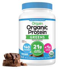 Orgain Organic Protein Powder in Creamy Chocolate Fudge label, ideal for smoothies.