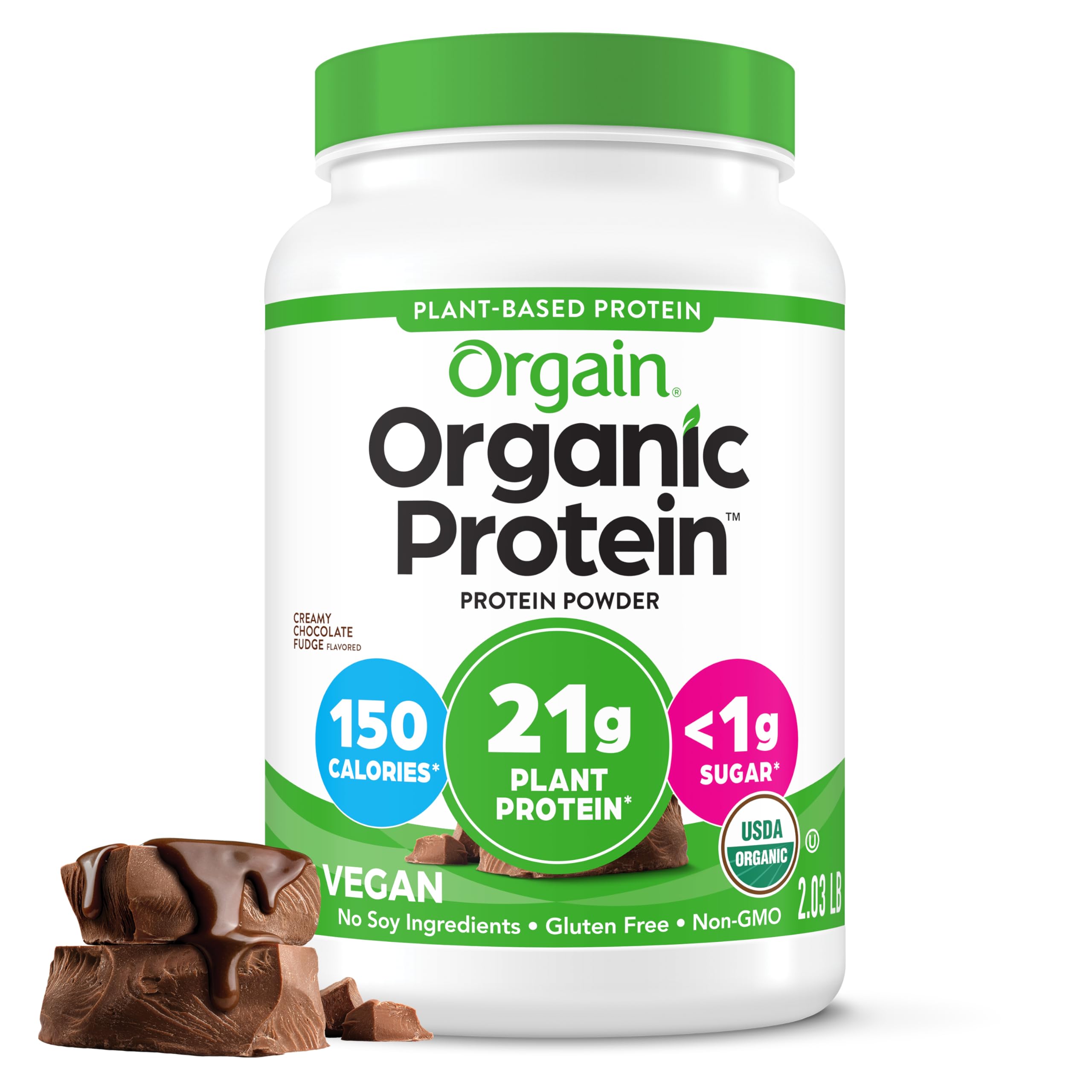 Orgain organic vegan protein powder tub with creamy chocolate fudge for post-workout nourishment