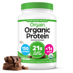 Orgain organic vegan protein powder tub with creamy chocolate fudge for post-workout nourishment