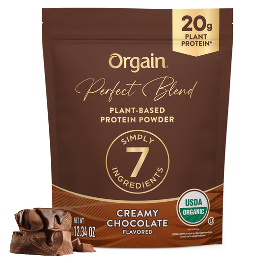 Orgain Perfect Blend chocolate powder with scoop for a protein-rich shake