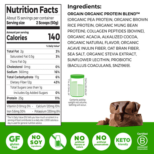 Orgain protein-collagen creamy chocolate fudge scoop ready to mix