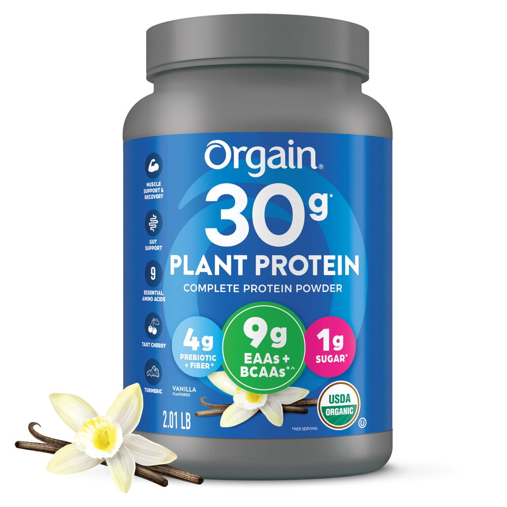 Orgain Vanilla 30g Plant Protein bottle showcases smooth texture for muscle support.
