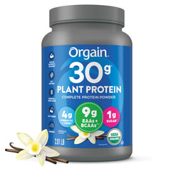 Orgain Vanilla 30g Plant Protein bottle showcases smooth texture for muscle support.