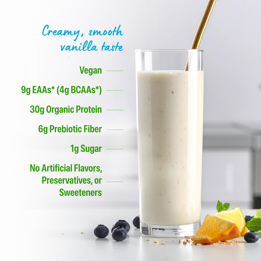 Orgain Vanilla plant protein powder with prebiotic fiber supports digestion during daily routines.