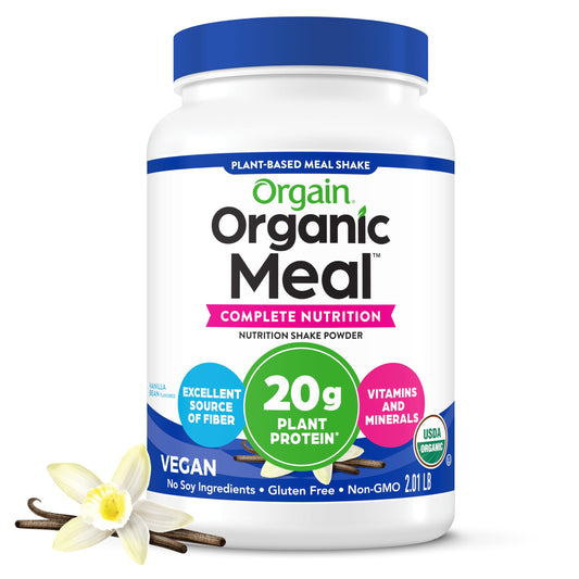 Orgain Vanilla Bean meal powder bottle for quick nutrition on the go