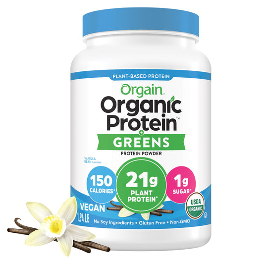 Orgain vegan protein powder vanilla bean bottle shows plant-based protein quality for smoothies