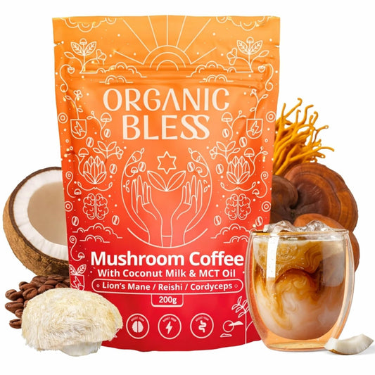 Organic Bless instant mushroom coffee powder pack ready for quick brew