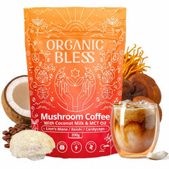 Organic Bless instant mushroom coffee powder pack ready for quick brew