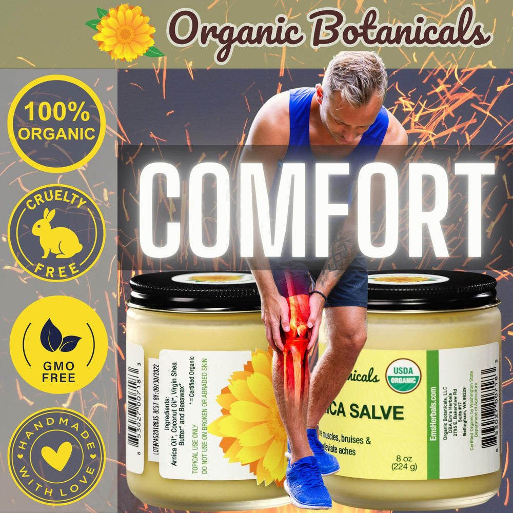 Organic Botanicals Arnica Salve packaging emphasizes certification and pure ingredients.