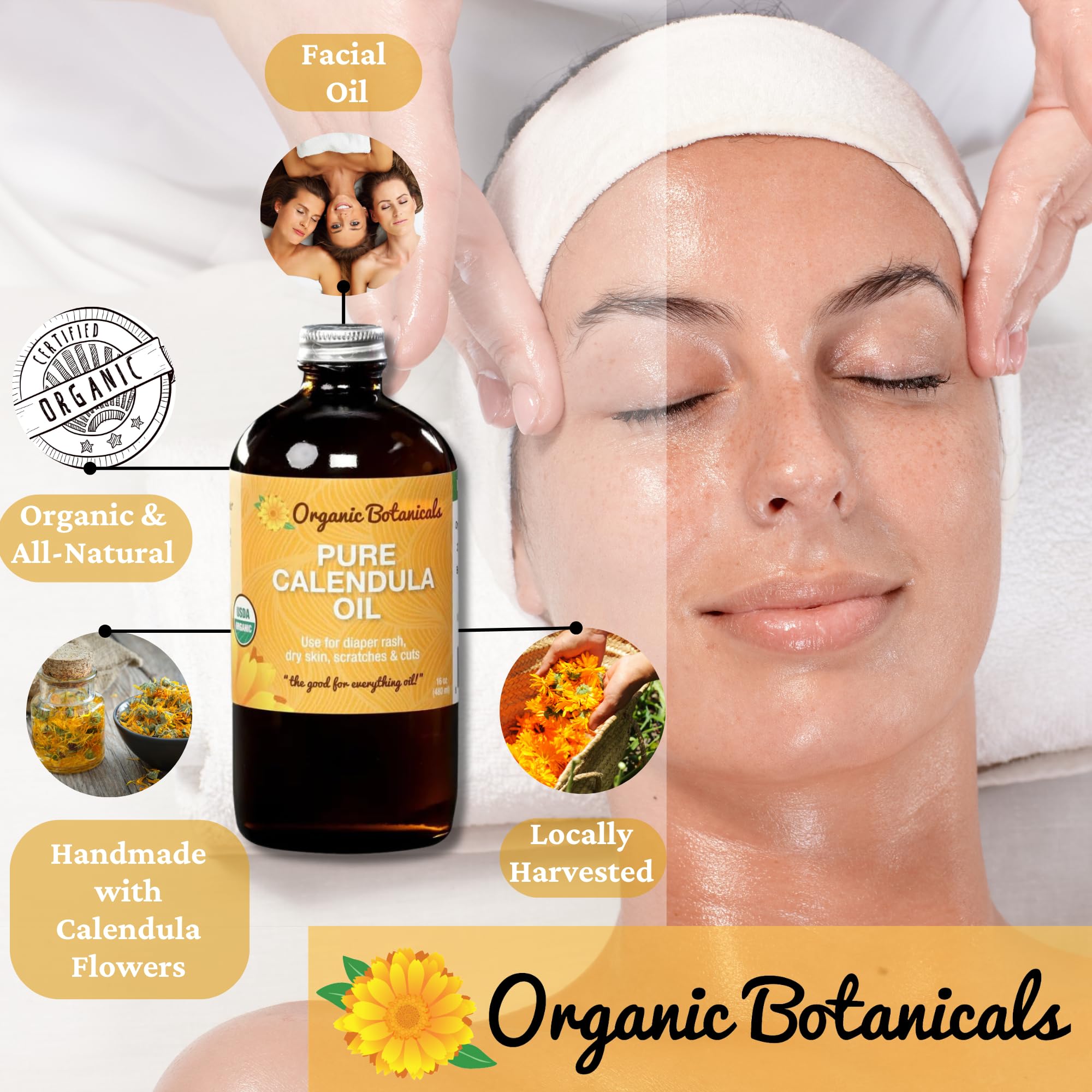 Organic Botanicals Calendula Oil applied to face for smooth skin routine.