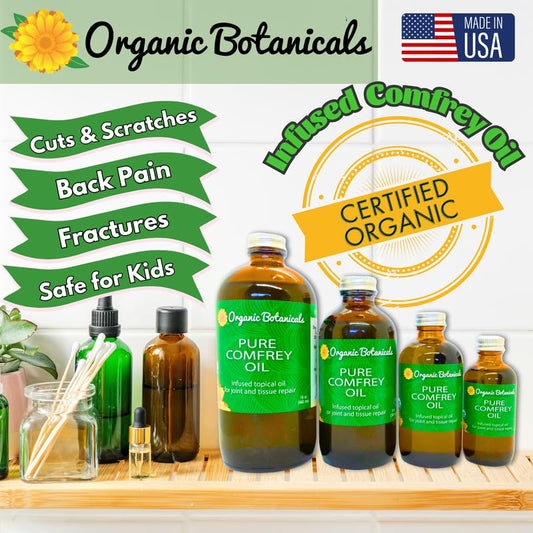 Organic Botanicals Comfrey Leaf Oil label close-up highlights certified organic ingredients.