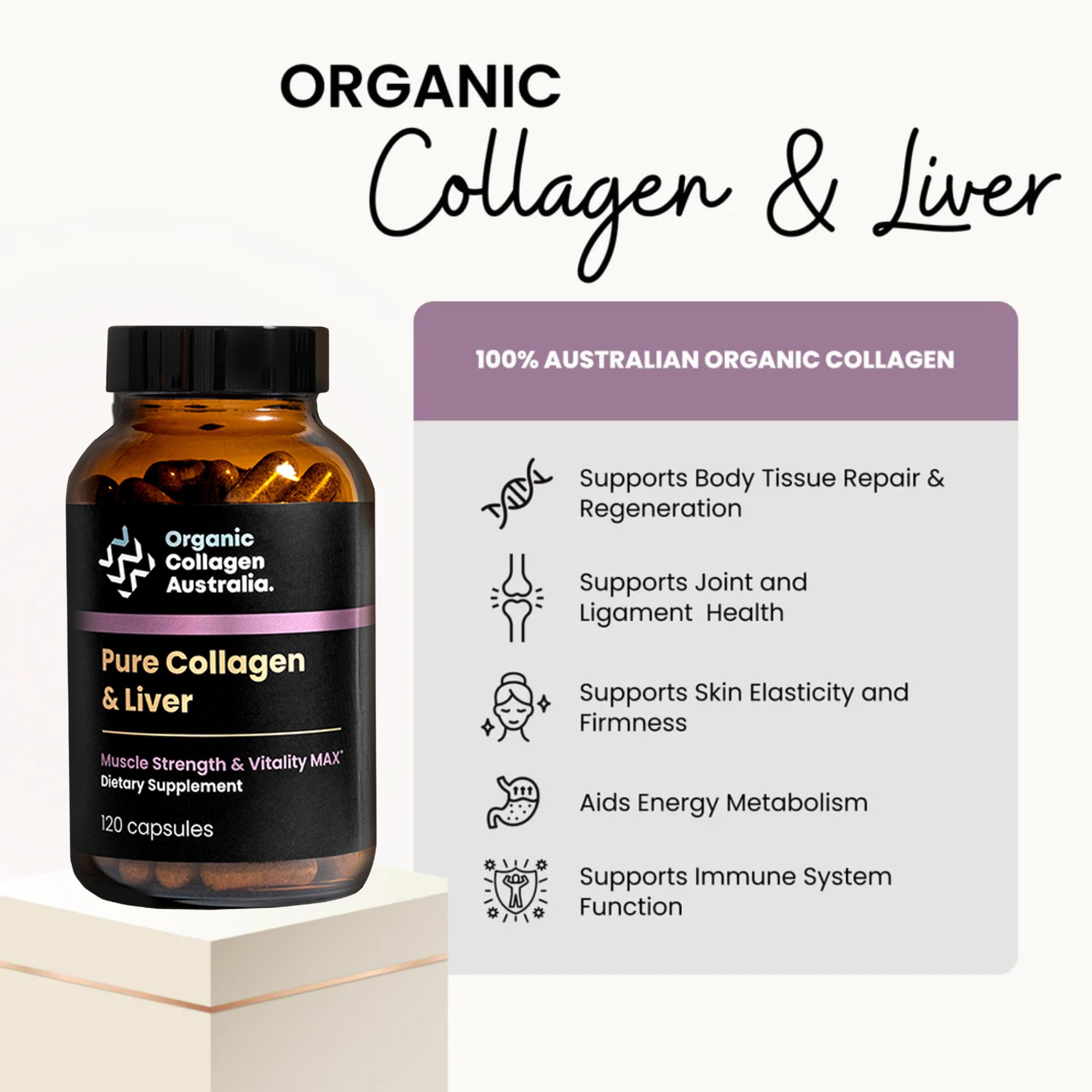 Organic Collagen Australia capsules closeup highlights hydrolyzed collagen for muscle support.