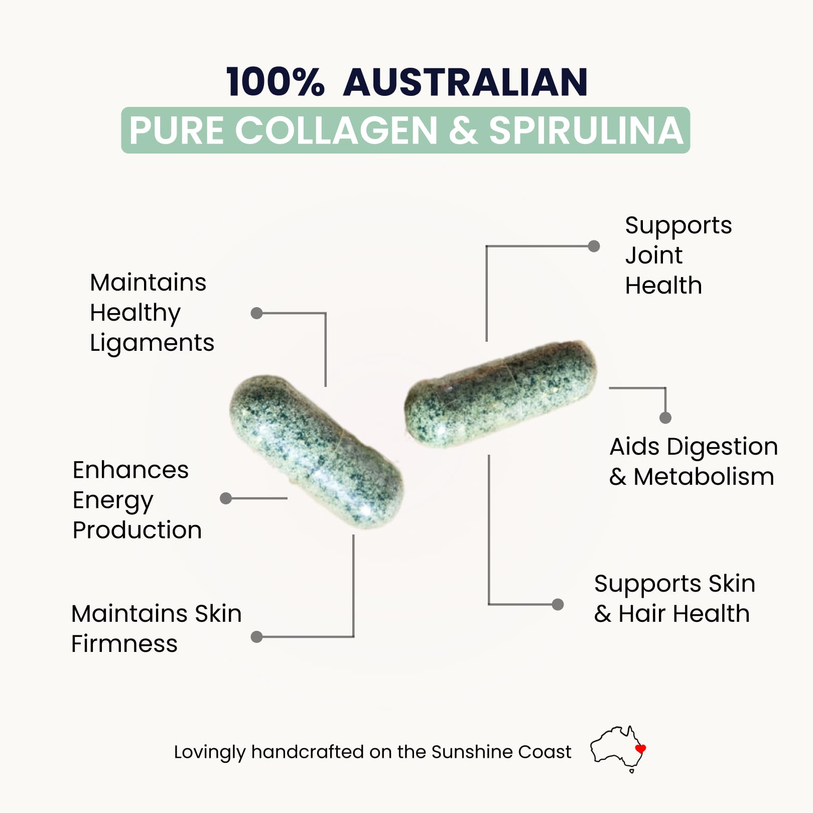 Organic Collagen Australia capsules pour into hand for daily wellness.
