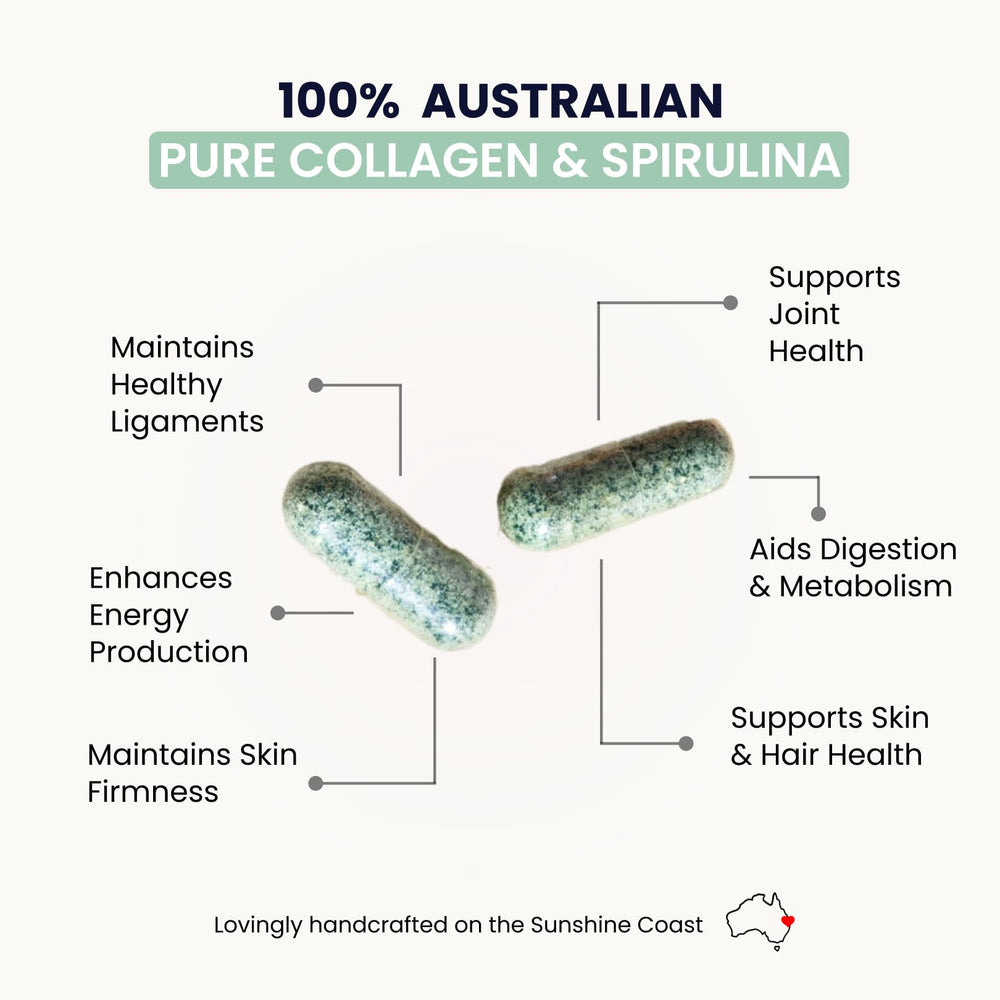 Organic Collagen Australia capsules pour into hand for daily wellness.