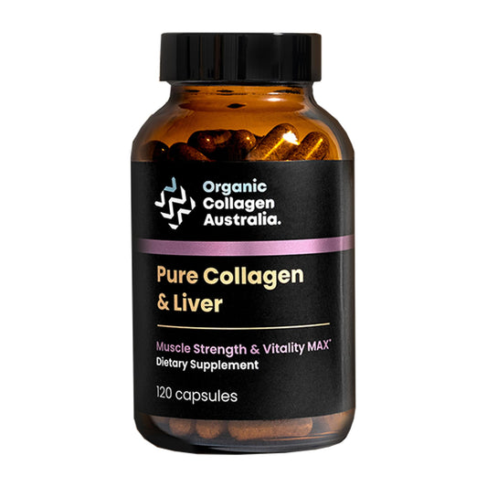 Organic Collagen Australia pure collagen bottle highlights premium capsules for daily vitality.