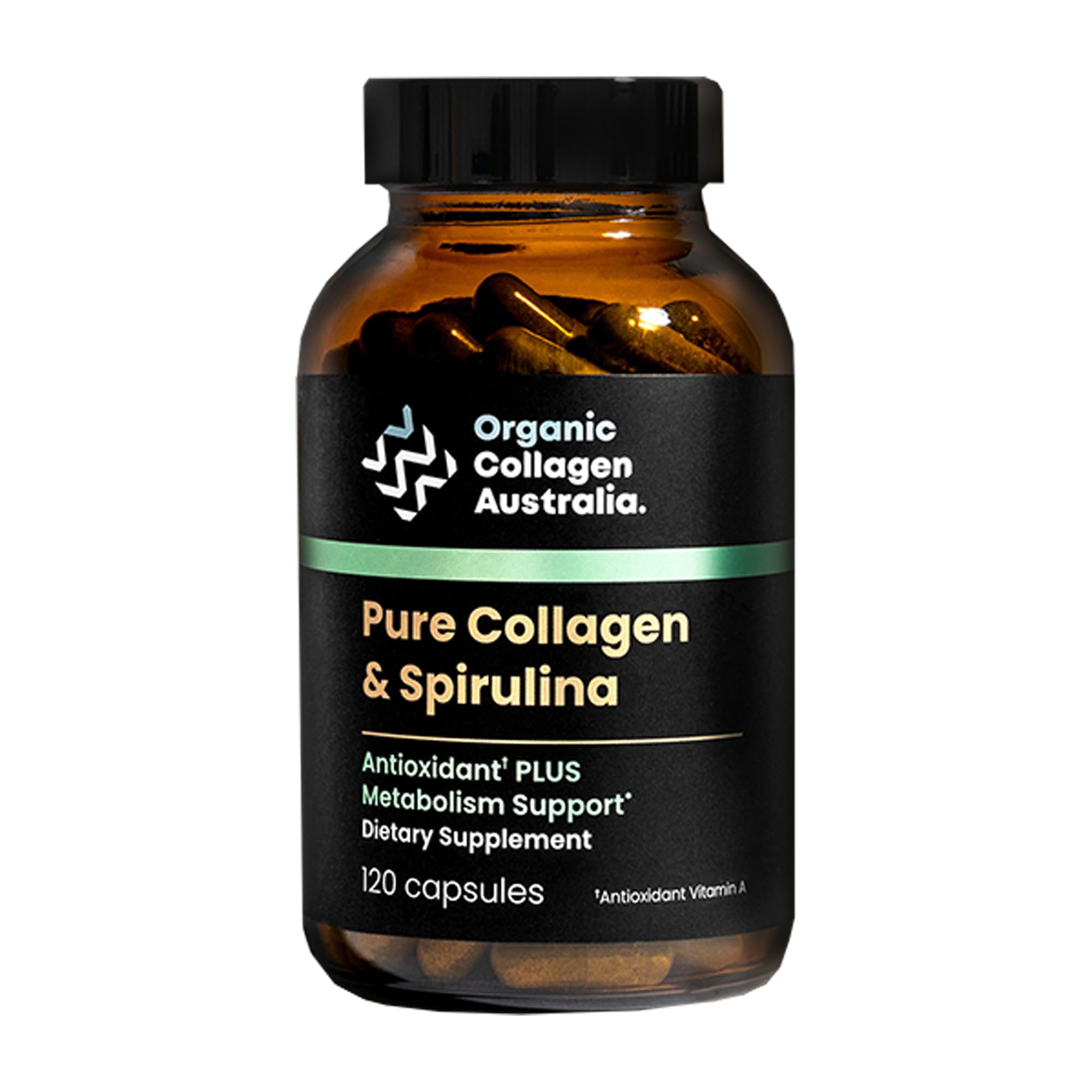 Organic Collagen Australia bottle with pure collagen-spirulina capsules for antioxidant support.