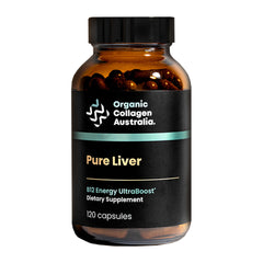 Organic Collagen Australia Pure Liver Capsules bottle featuring energy support and grass-fed sourcing.