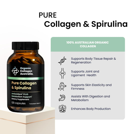 Organic Collagen Australia spirulina capsules label closeup for clean nutrition.
