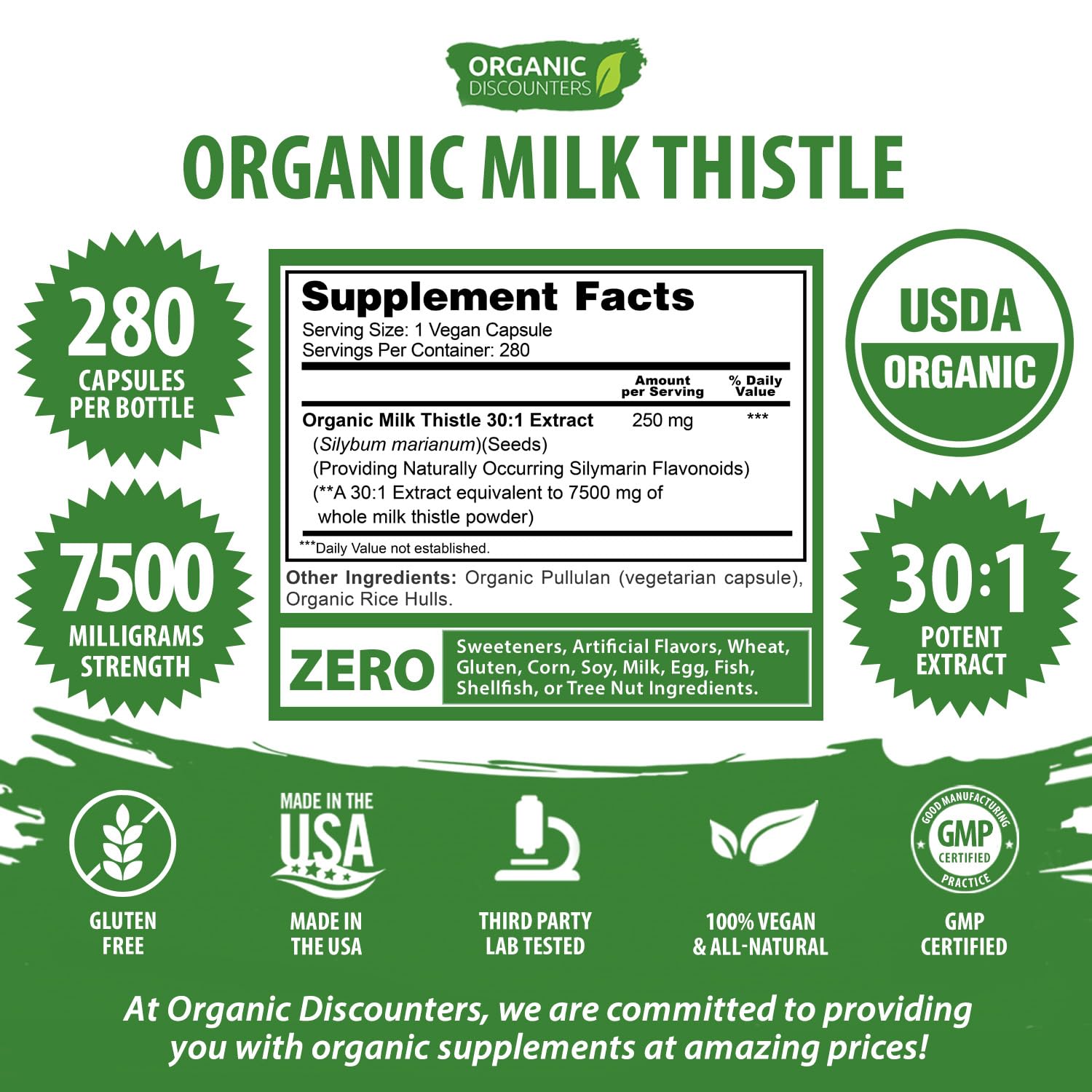 Close shot of Organic Discounters Milk Thistle 30-1 extract label detail