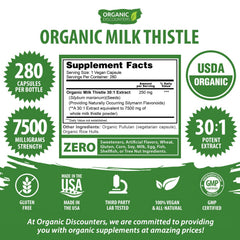 Close shot of Organic Discounters Milk Thistle 30-1 extract label detail