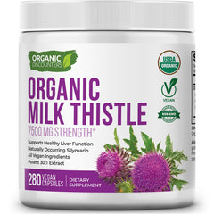 Organic Discounters Milk Thistle bottle front view showing high-potency 7500 mg per capsule