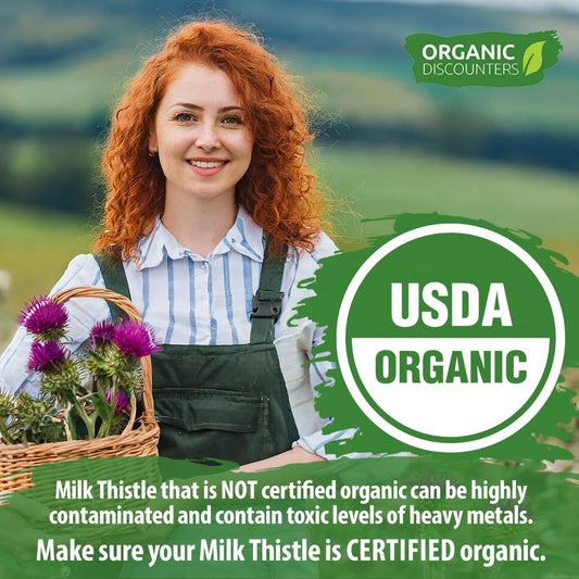 Organic Discounters Milk Thistle bottle side view with dosage info
